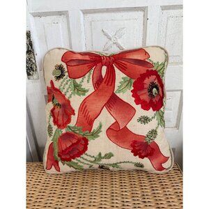 Vintage MCM Accent Pillow Linen Embroidered Red Poppy Flowers Bow 17x17"